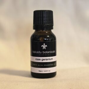 Rose Geranium Essential Oil bottle by Kakadu Botanicals - minimalist, natural Australian branding.